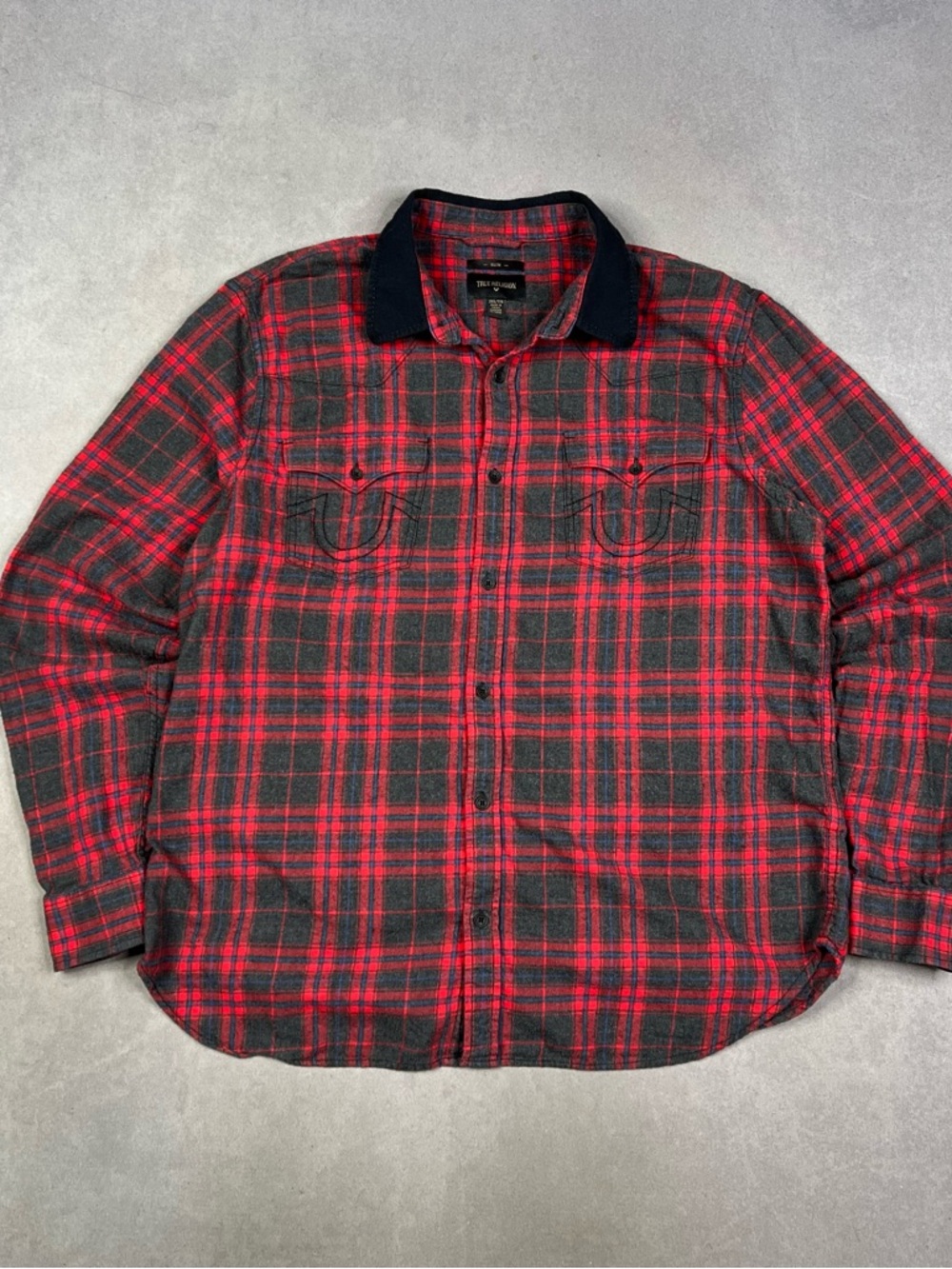 True Religion Red, Black & Blue Slim Plaid Shirt